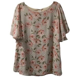 Floral Print Pink & Green Swiss Dot Blouse Orange Farm Ruffle Sleeve Size Large
